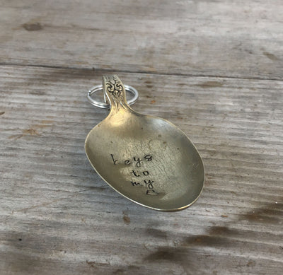 Side view of Hand Stamped Spoon Keychain with Keys to My Heart