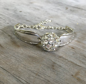 Upcycled Spoon Handle Bracelet with Rhinestone Center Piece from Recycled Button