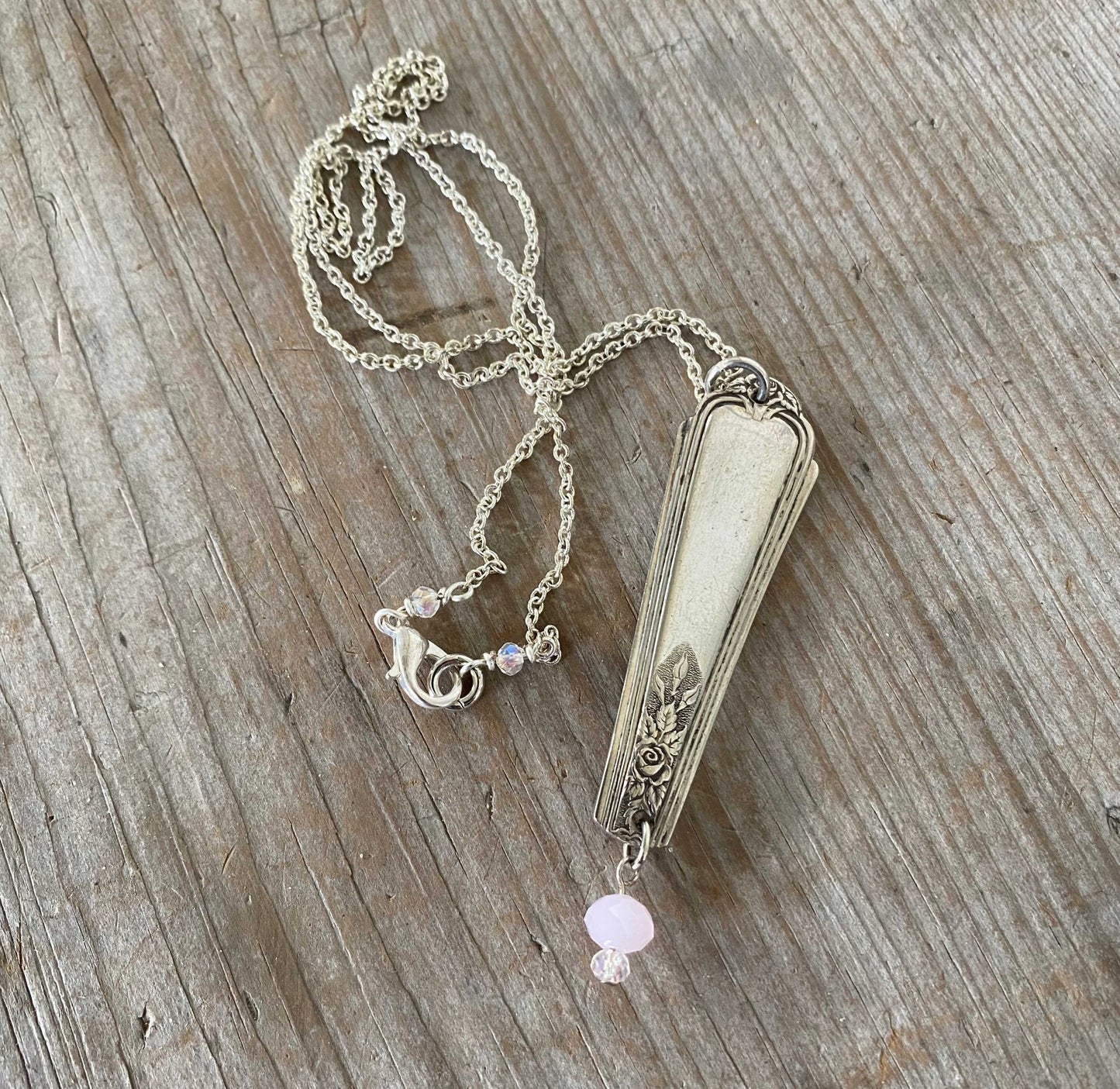 SALE Spoon Necklace w/ Pink Czech Glass Bead