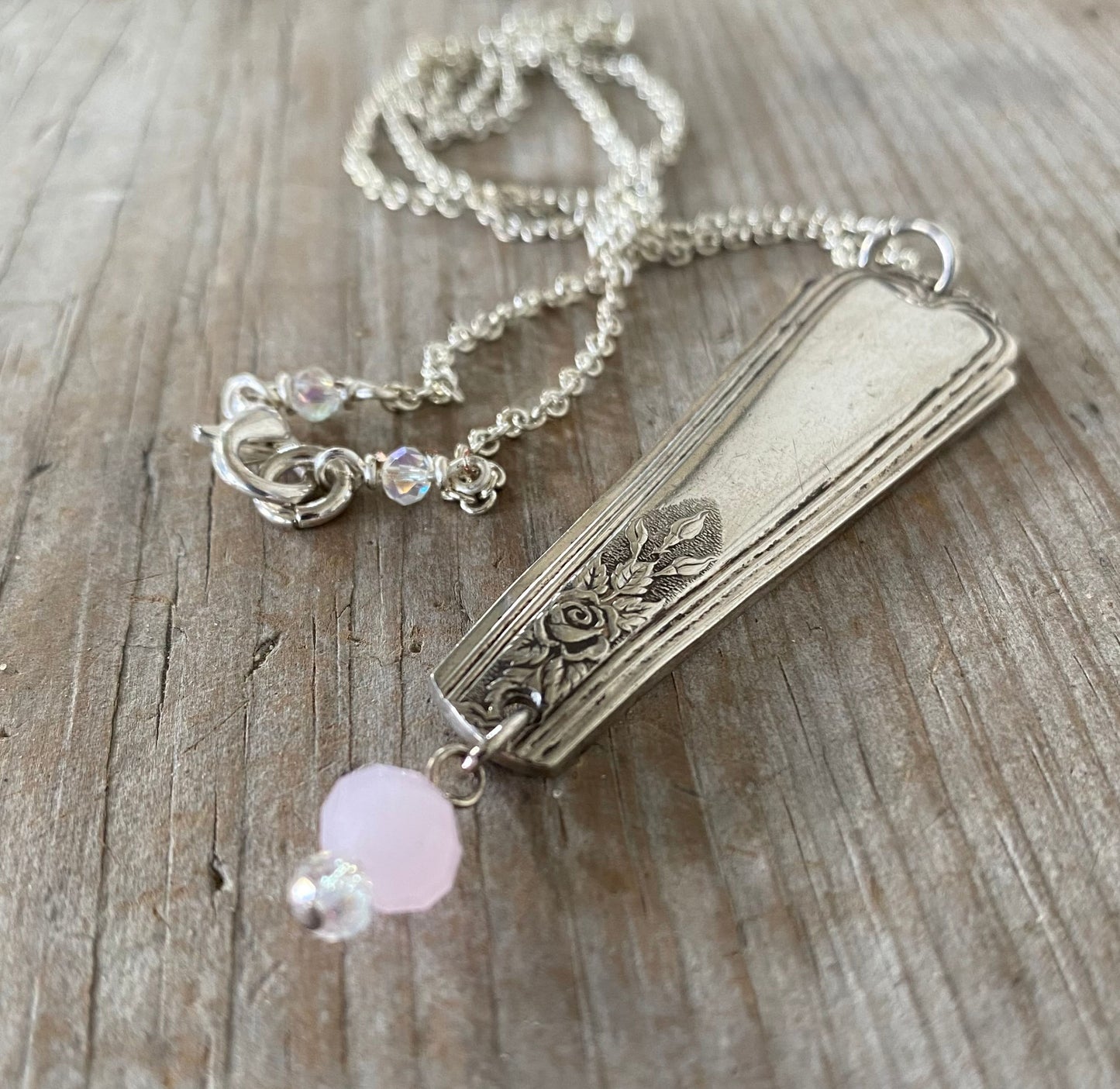 SALE Spoon Necklace w/ Pink Czech Glass Bead