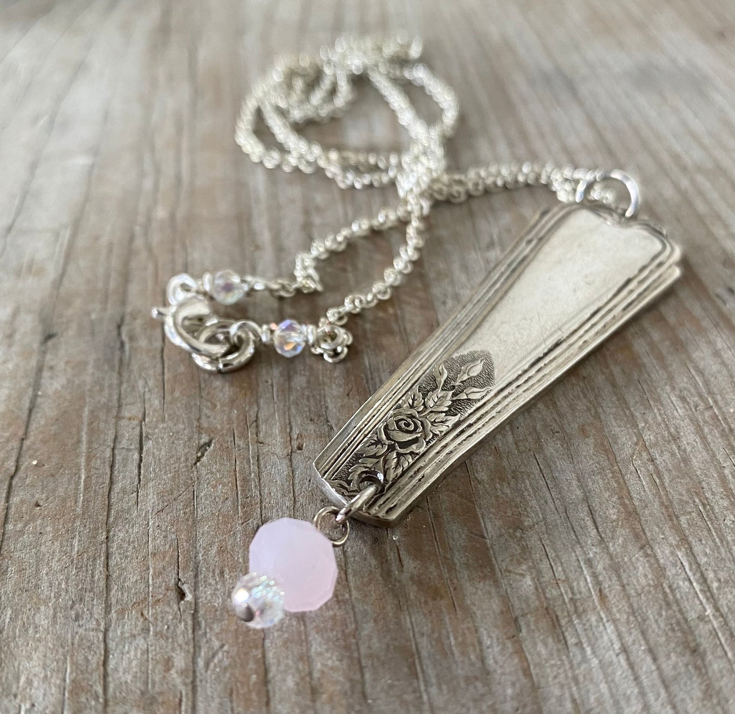 SALE Spoon Necklace w/ Pink Czech Glass Bead