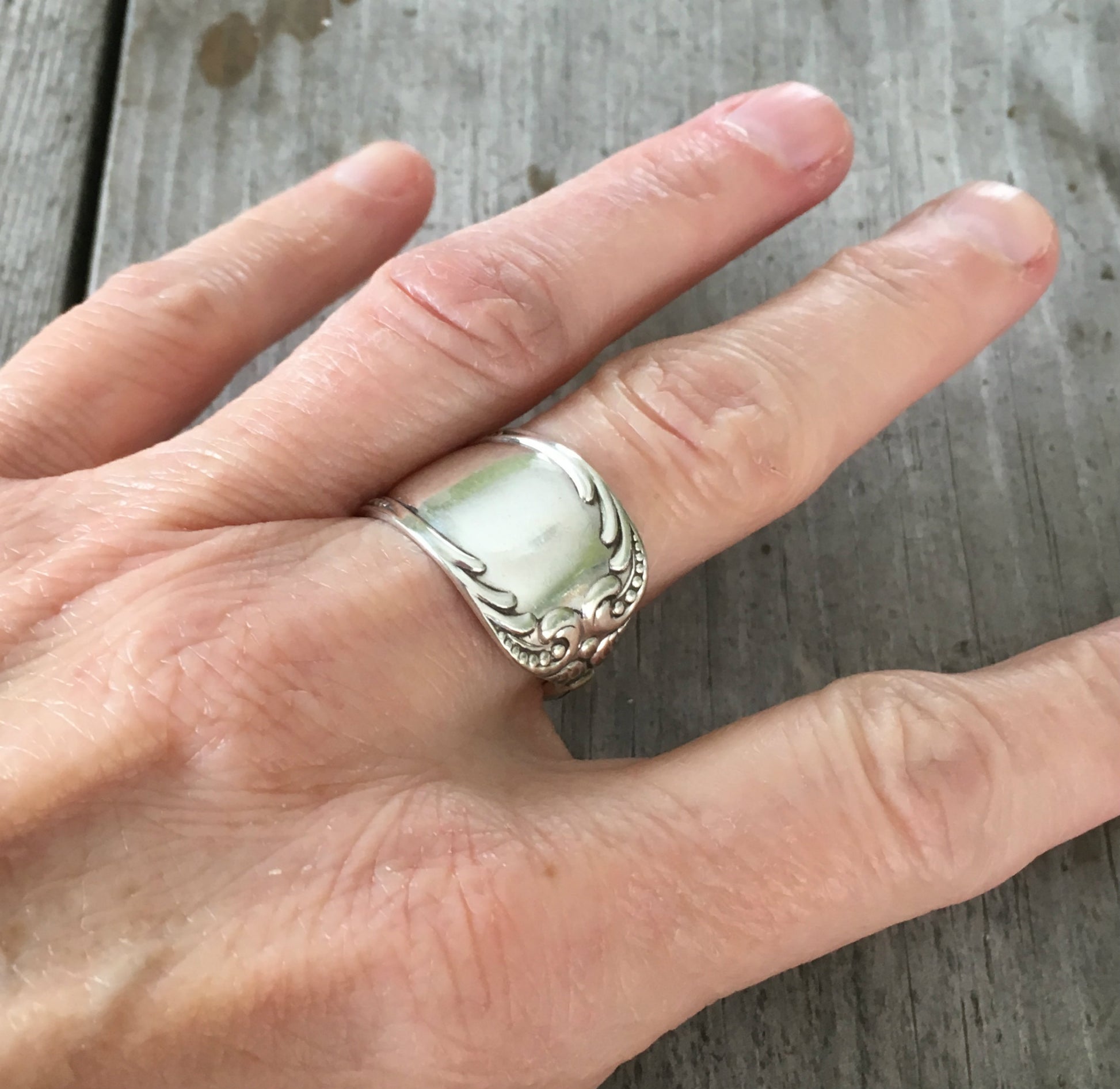 Spoon Ring Size 10 Holmes and Edwards Unique shown on hand