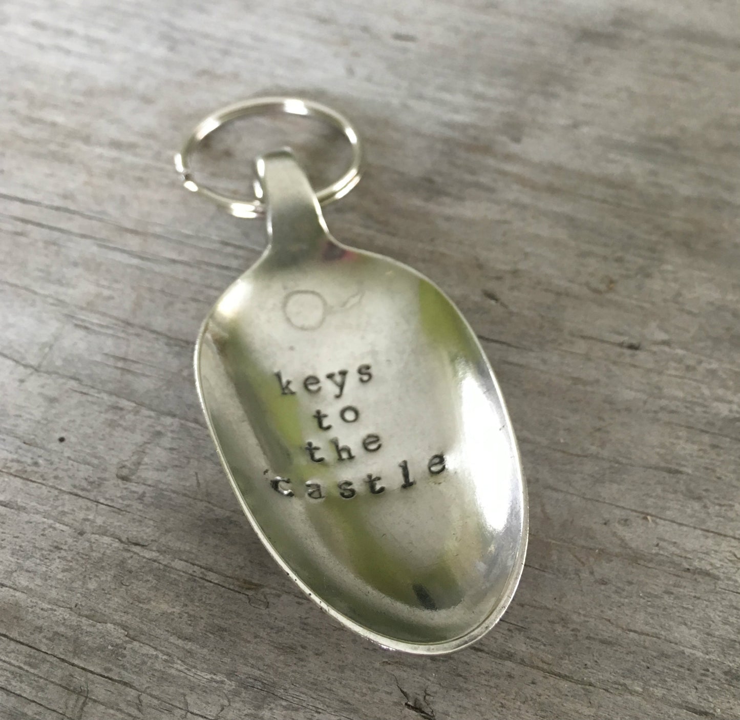Keys To The Castle hand-stamped spoon keychain from upcycled vintage silverware housewarming gift