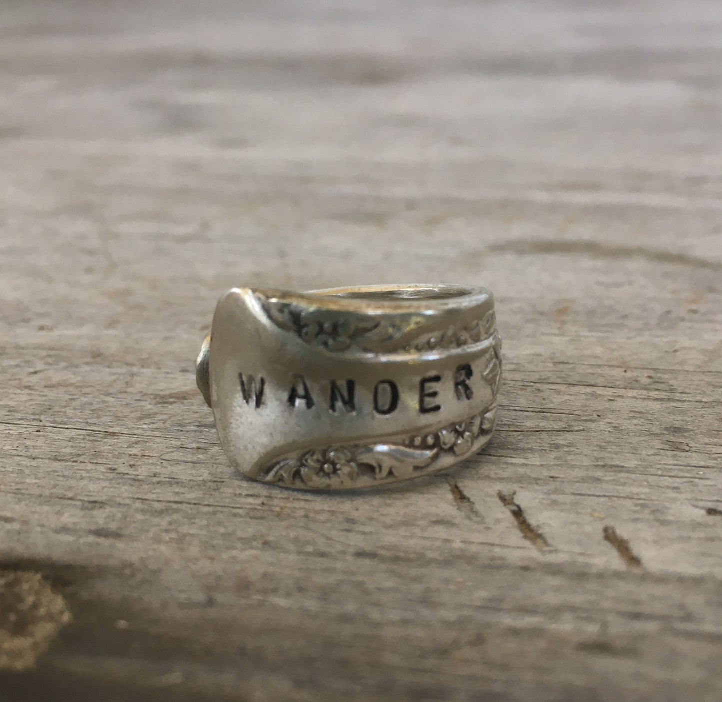 Spoon Ring INternational Silver Camelia Hand Stamped Wander