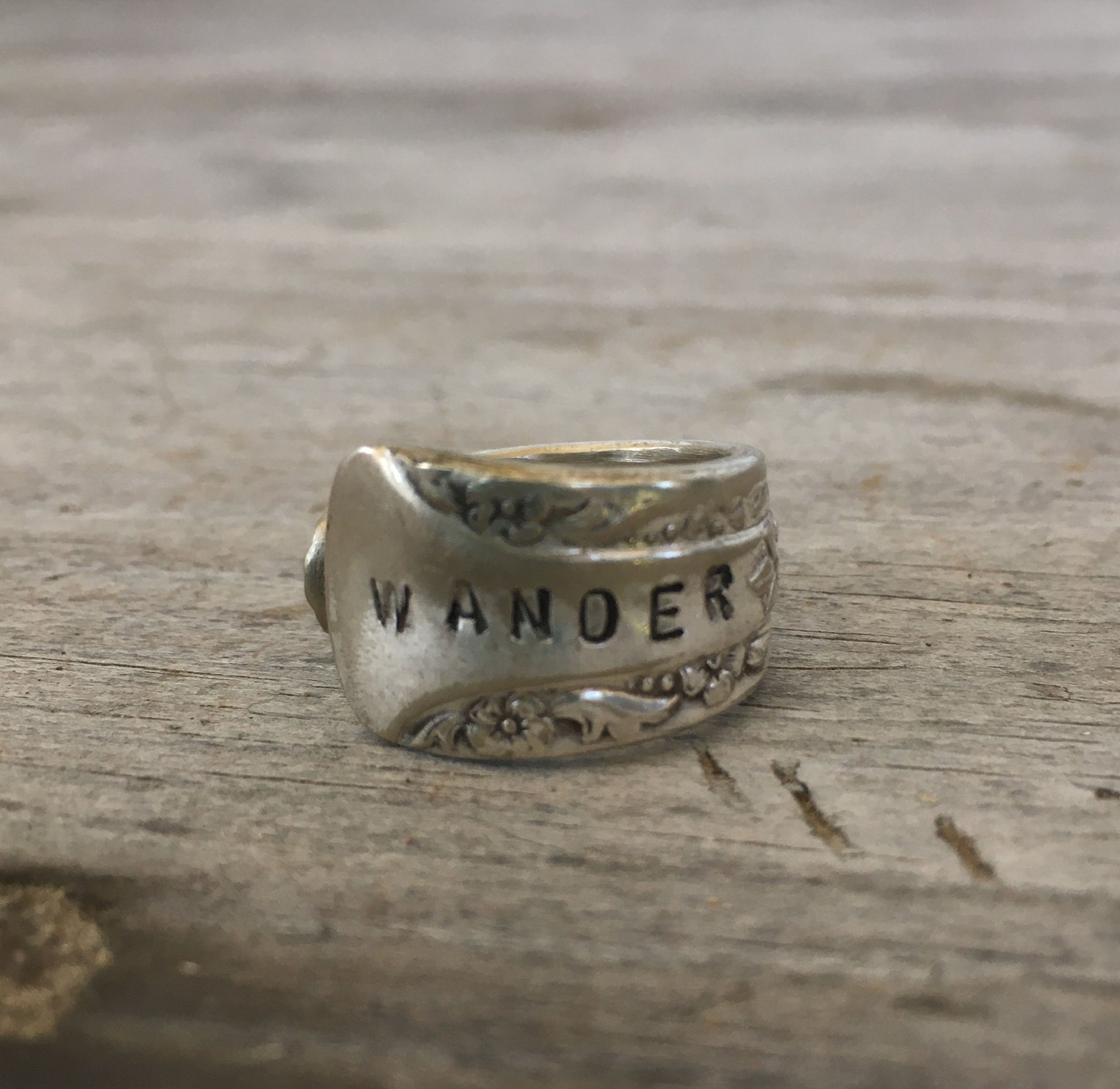 Spoon Ring INternational Silver Camelia Hand Stamped Wander