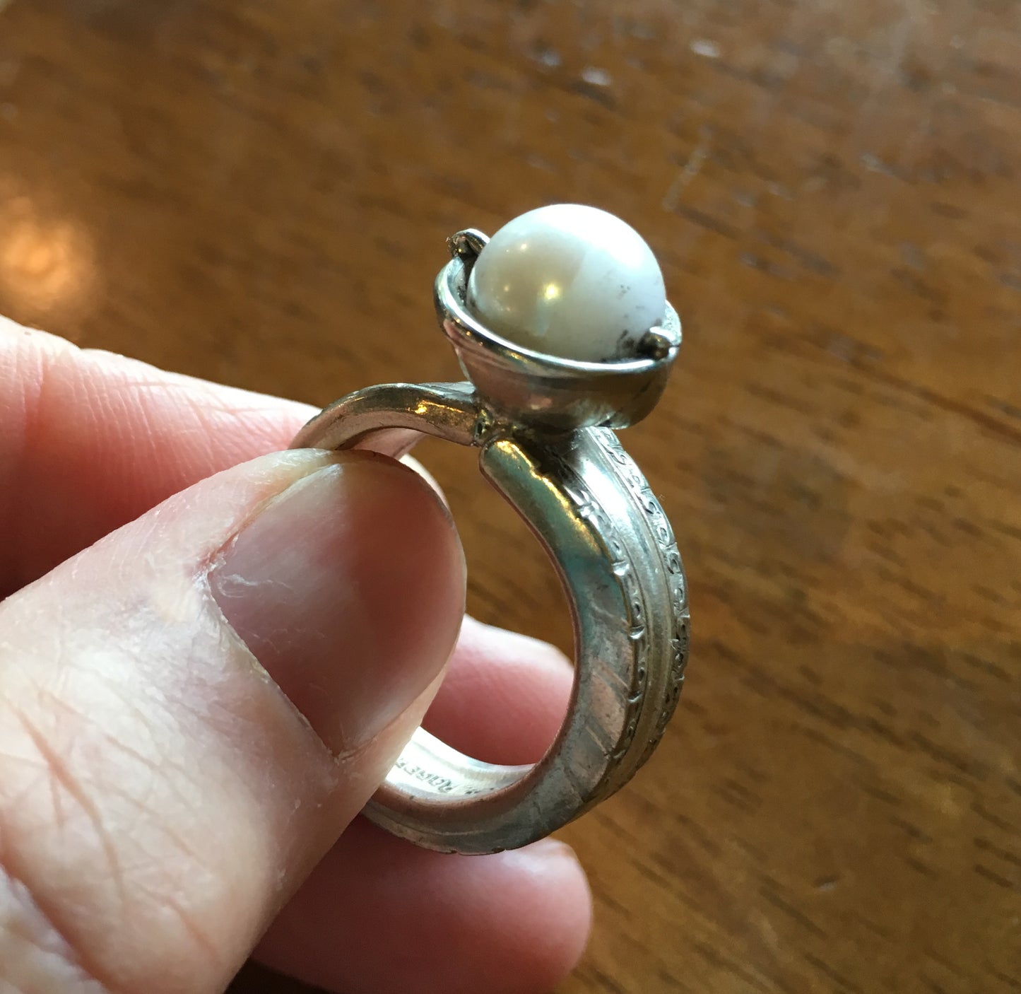 Spoon Ring with Cultured Pearl Bead Mounted on Top Size 9.5