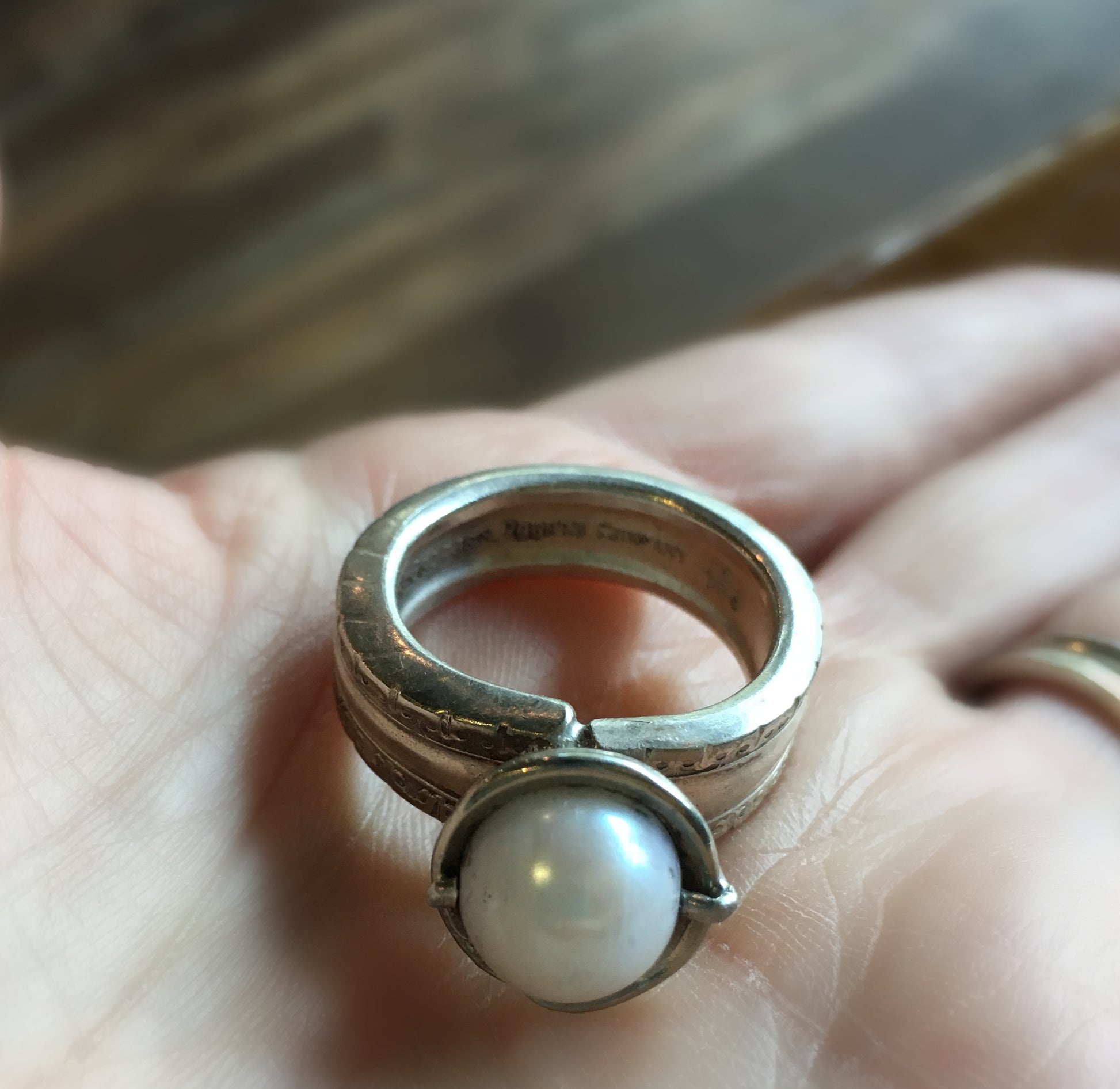 Spoon Ring with Cultured Pearl Bead Mounted on Top Size 9.5 SL & GH Rogers