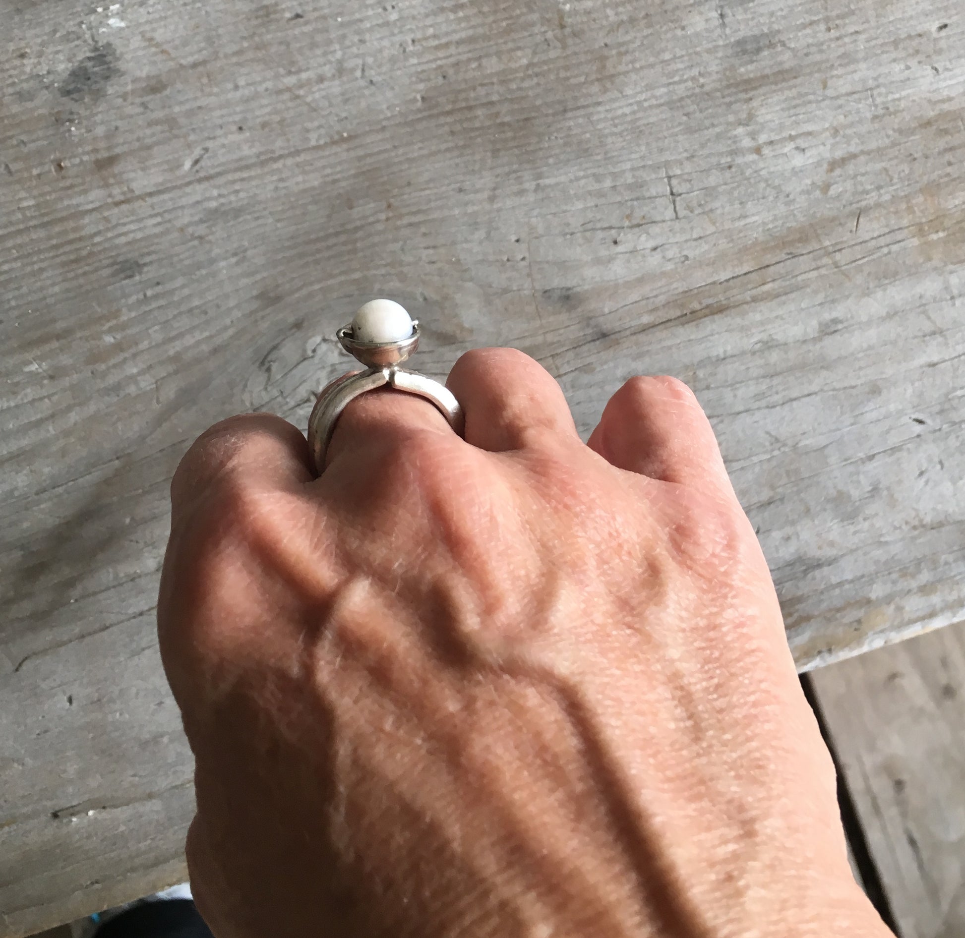 Spoon Ring with Cultured Pearl Bead Mounted on Top Size 9.5 Shown on hand for scale