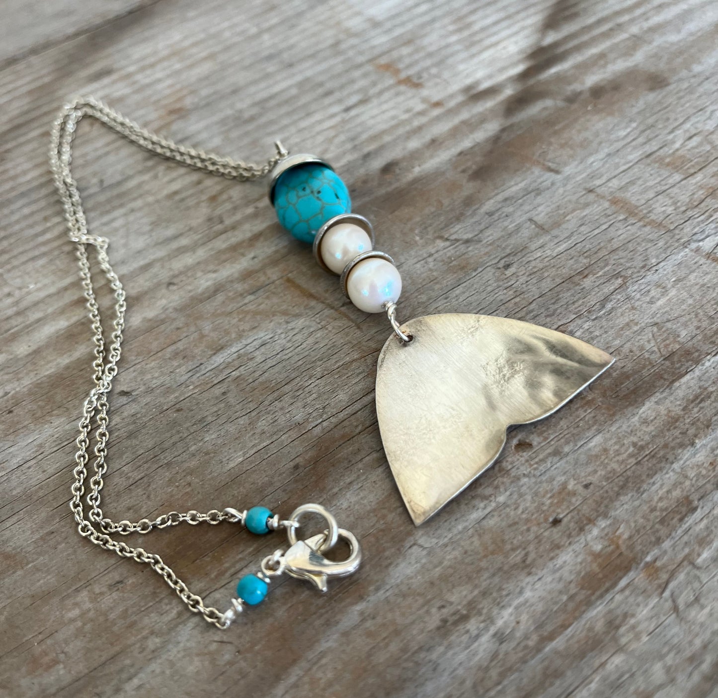 SALE "Oceans" Spoon Whale Tail Necklace Turquoise Colored Stone Beads - #4216