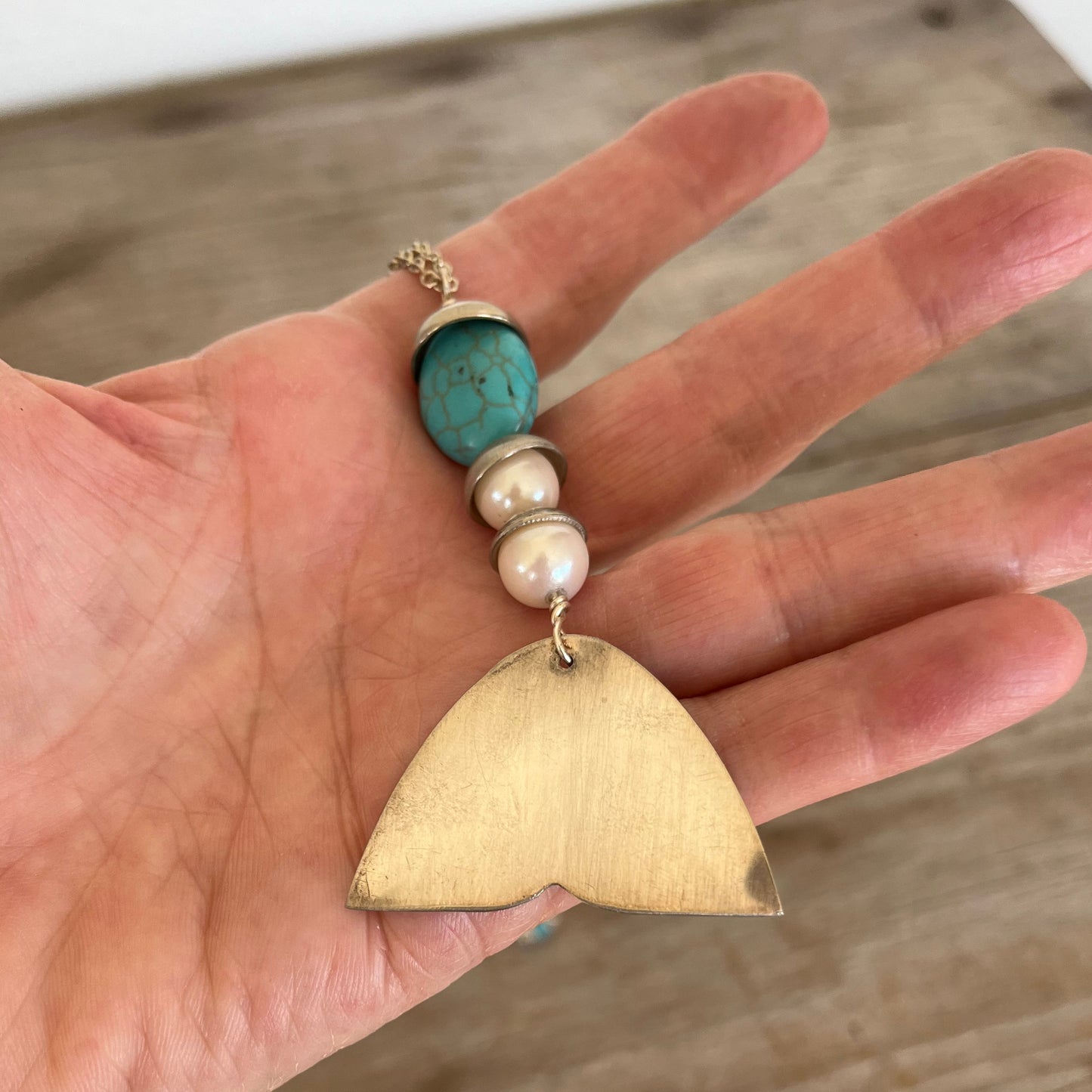 SALE "Oceans" Spoon Whale Tail Necklace Turquoise Colored Stone Beads - #4216