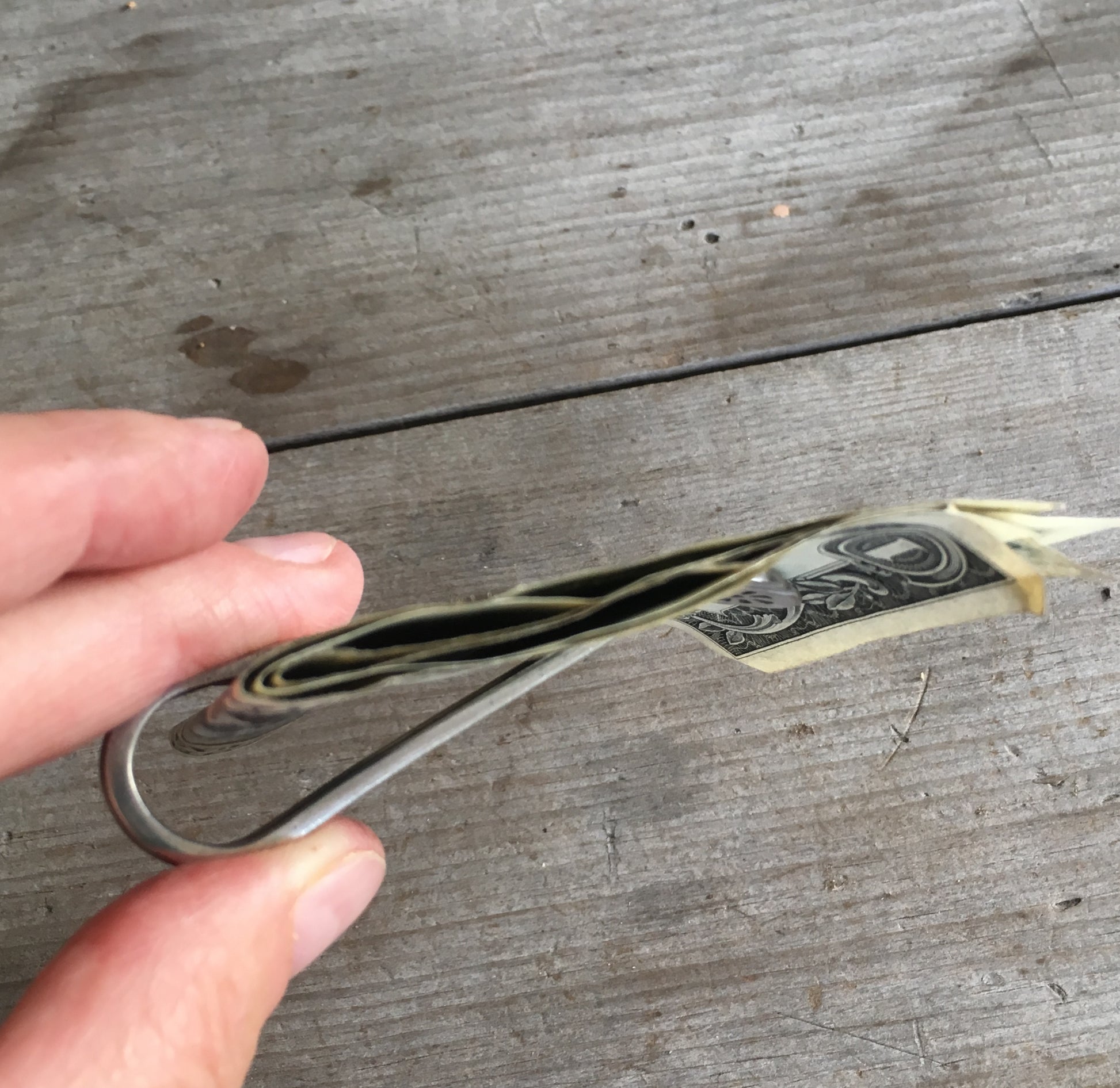 Upcycled silverware spoon Guitar Money Clip Rogers Manufacturing Legion 1905 -side view showing space