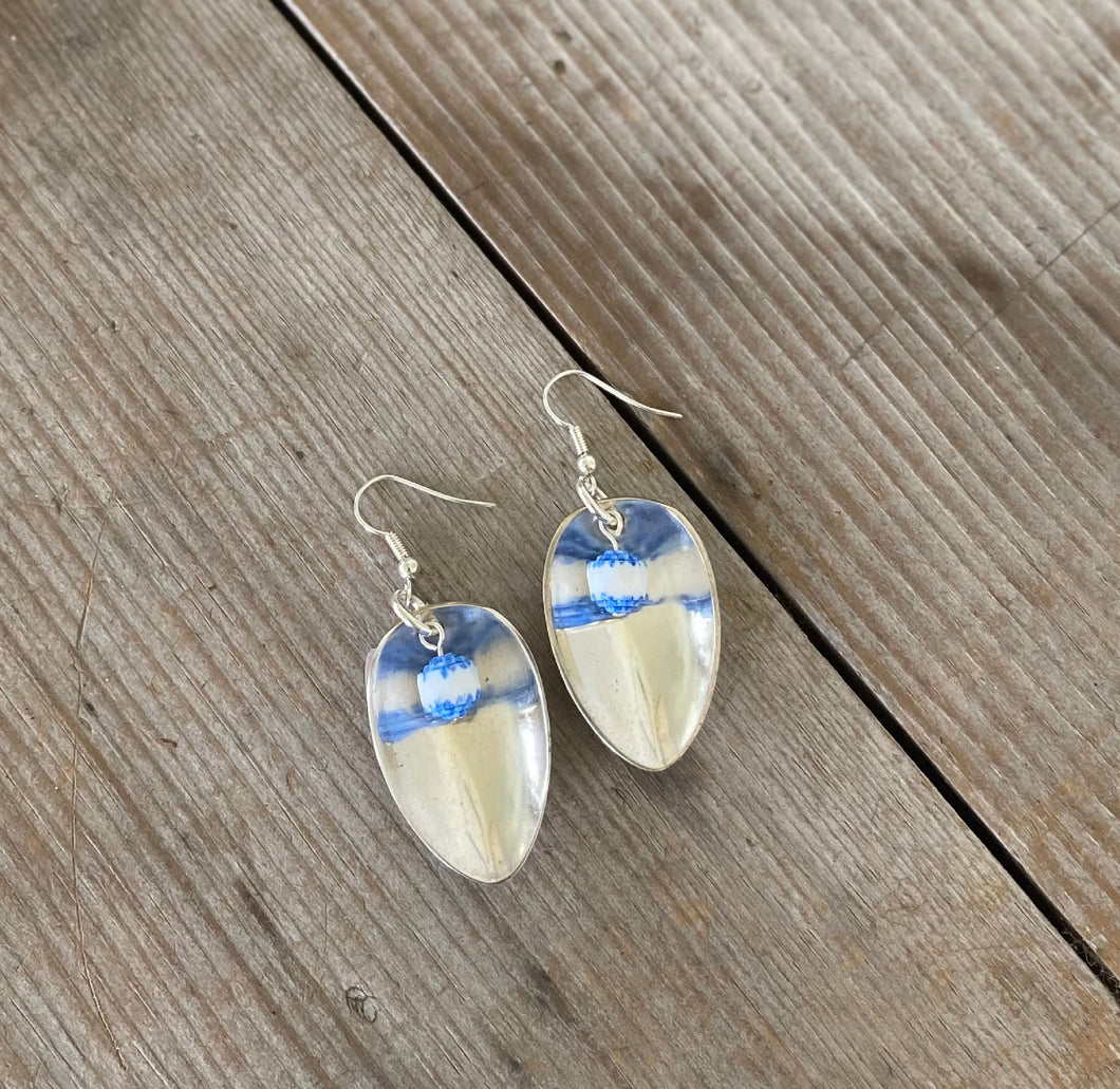 Spoon Earrings with Blue & White Beads - #4263