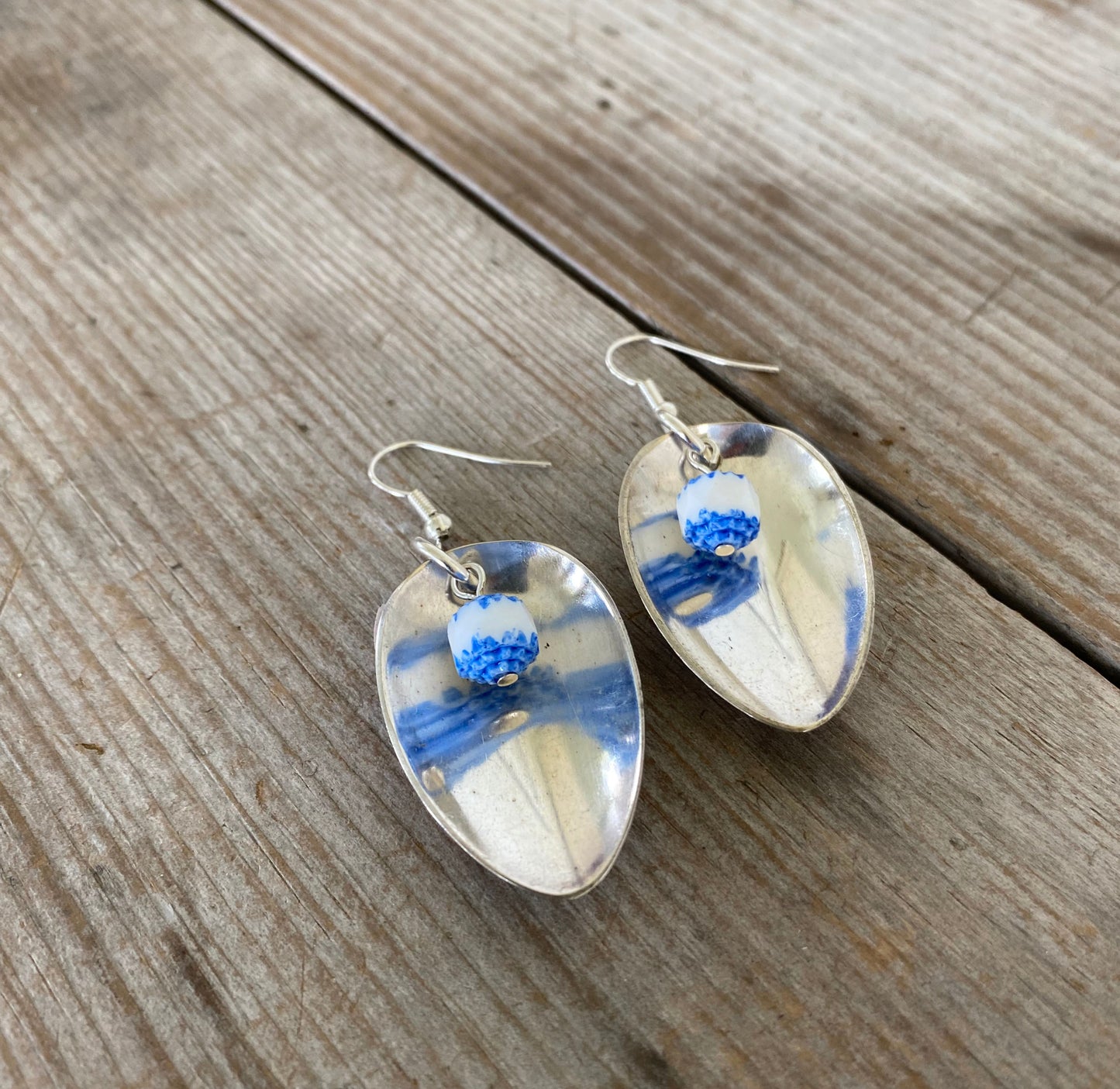 Spoon Earrings with Blue & White Beads - #4263