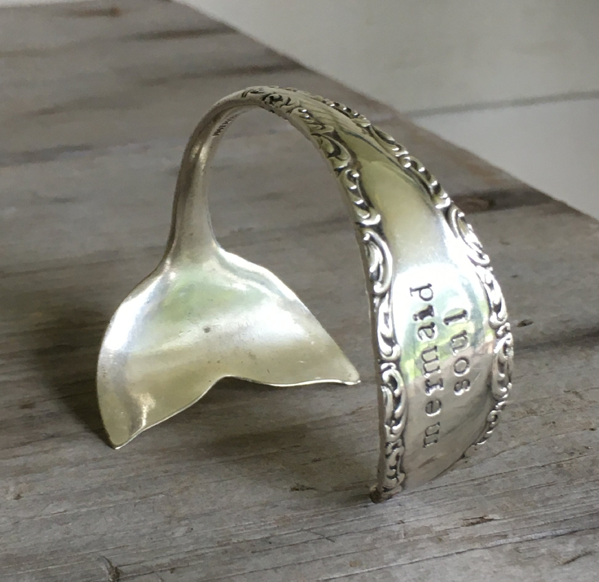 Upcycled silverware Cuff Bracelet Made from Spoon Hand Stamped Mermaid Soul