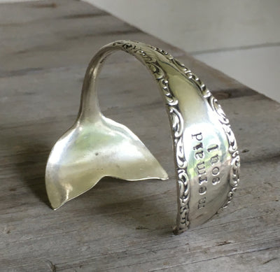 Upcycled silverware Cuff Bracelet Made from Spoon Hand Stamped Mermaid Soul