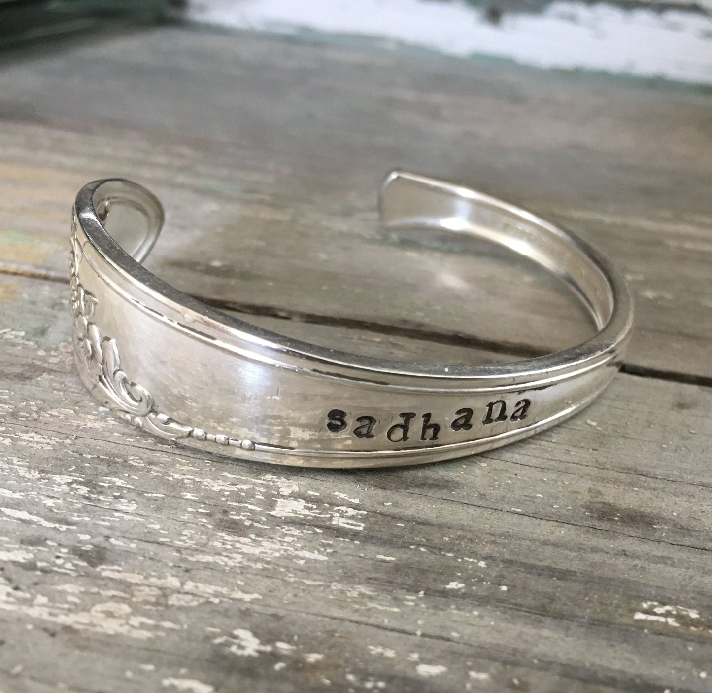 Yoga Jewelry Eco Friendly Spoon Cuff Bracelet Hand Stamped Sadhana