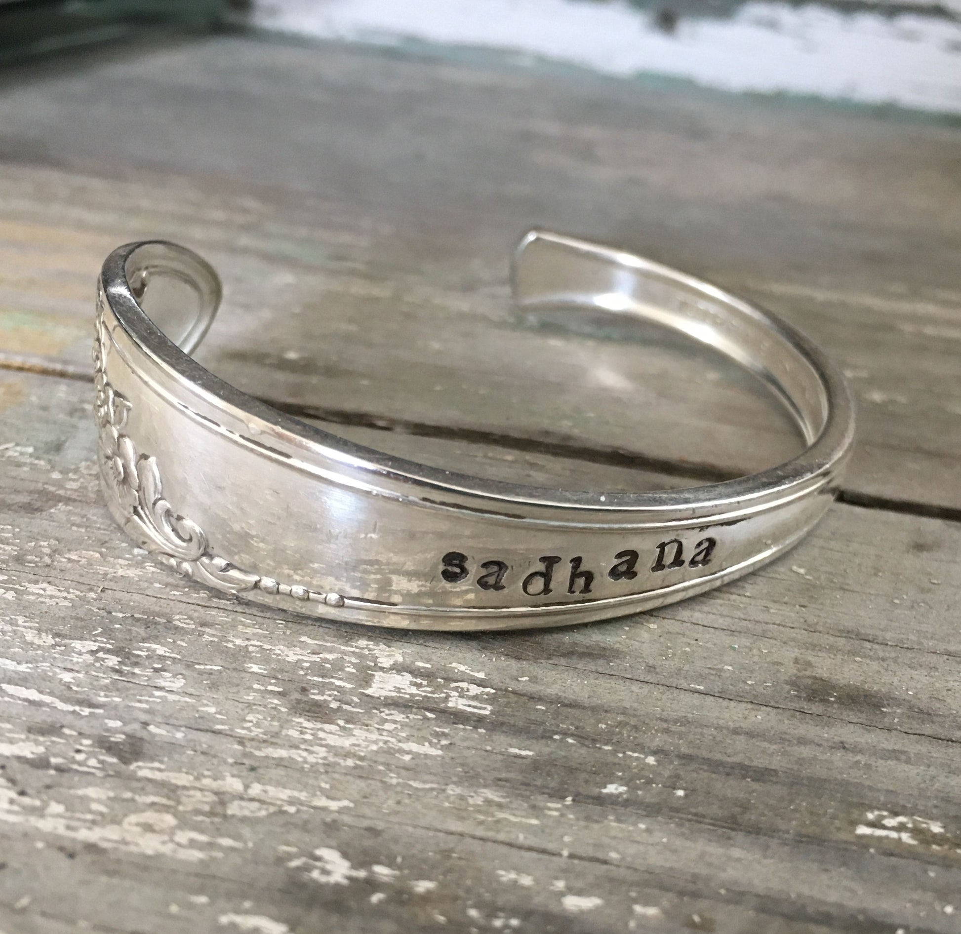 Yoga Jewelry Eco Friendly Spoon Cuff Bracelet Hand Stamped Sadhana