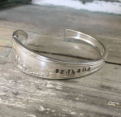 Yoga Jewelry Eco Friendly Spoon Cuff Bracelet Hand Stamped Sadhana