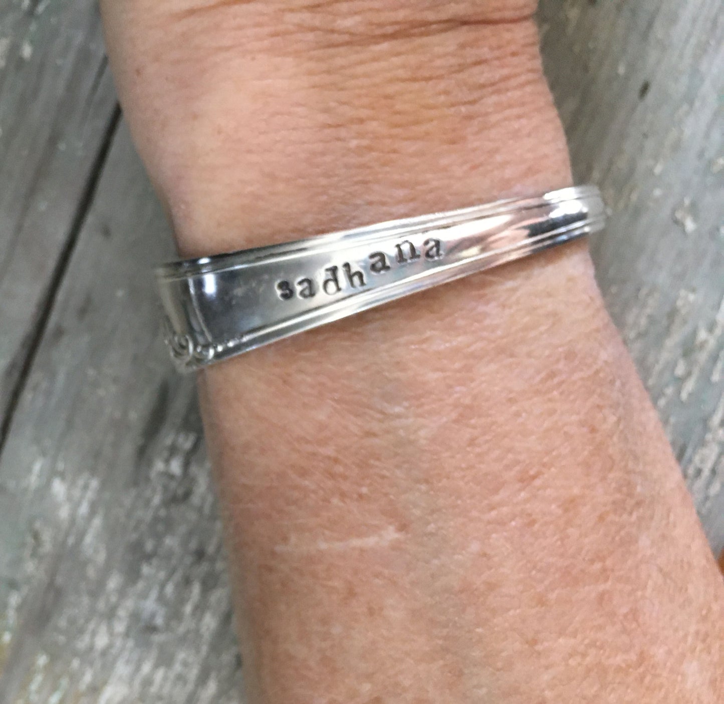 Yoga Jewelry Eco Friendly Spoon Cuff Bracelet Hand Stamped Sadhana