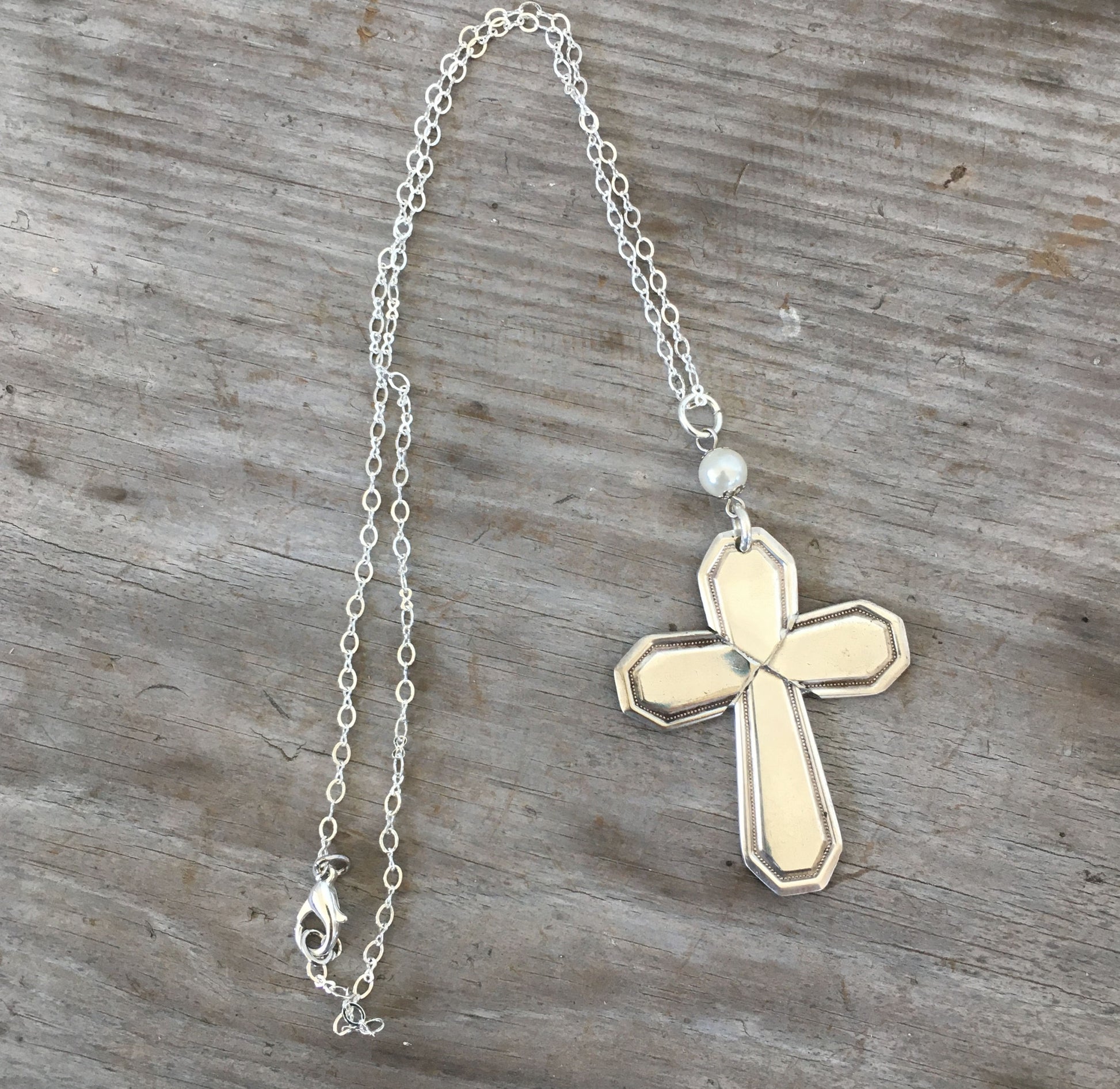 Handcrafted spoon cross necklace on silverplate chain - vintage Mayfair silverware religious jewelry