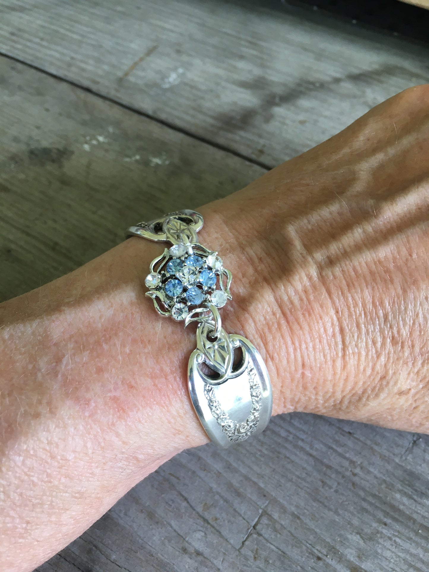Spoon Link Bracelet with Vintage Rhinestone Earring Centerpiece Shown On Model