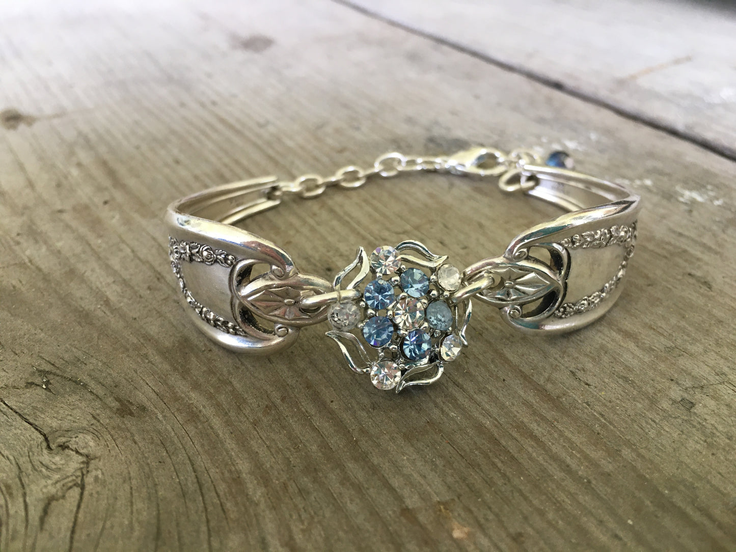Bracelet made from vintage spoon handles and vintage rhinestone jewelry