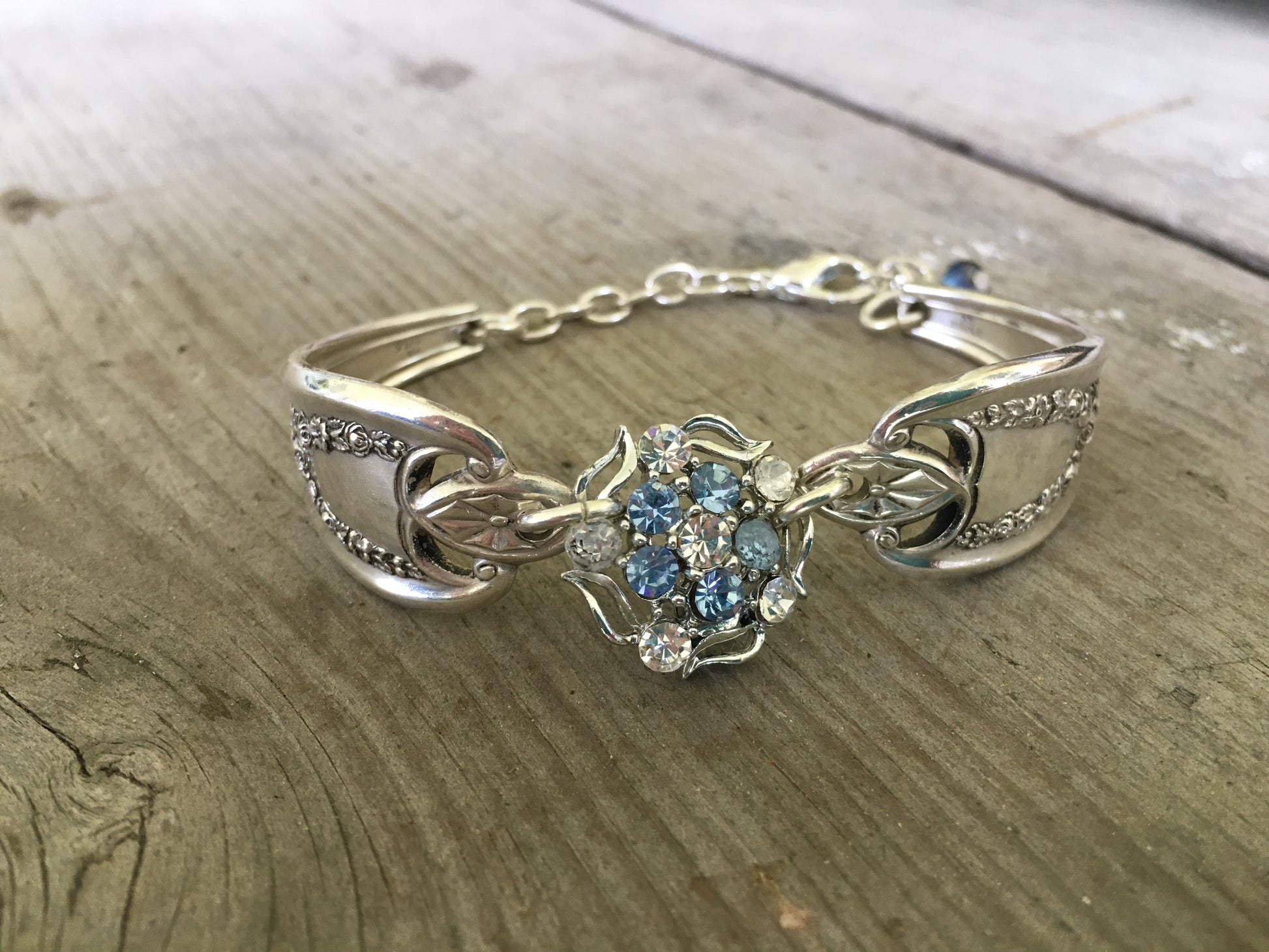 Bracelet made from vintage spoon handles and vintage rhinestone jewelry