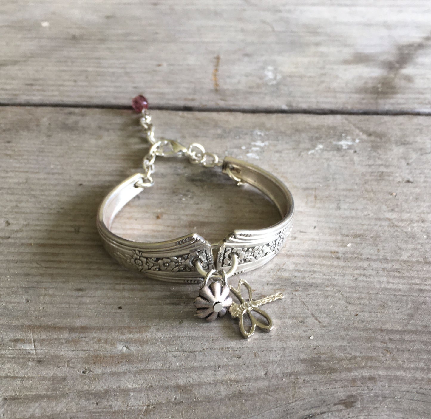 Spoon Bracelet Community Fortune with Dragonfly Charm and pink glass bead