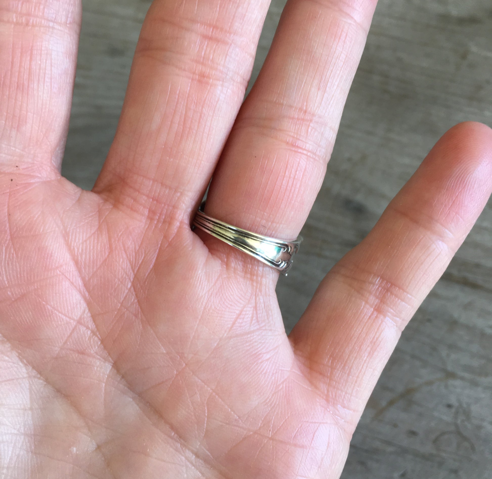 Sterling silver paisley feather spoon ring top view - Sterling spoon ring - handcrafted from upcycled vintage silverware - Laughing Frog Studio