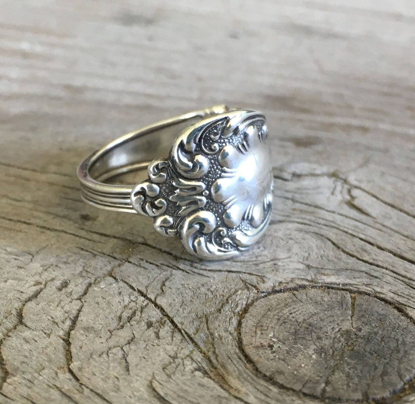 Sterling silver spoon ring size 7 with ornate paisley and feather plume pattern - Sterling spoon ring - handcrafted from upcycled vintage silverware - Laughing Frog Studio
