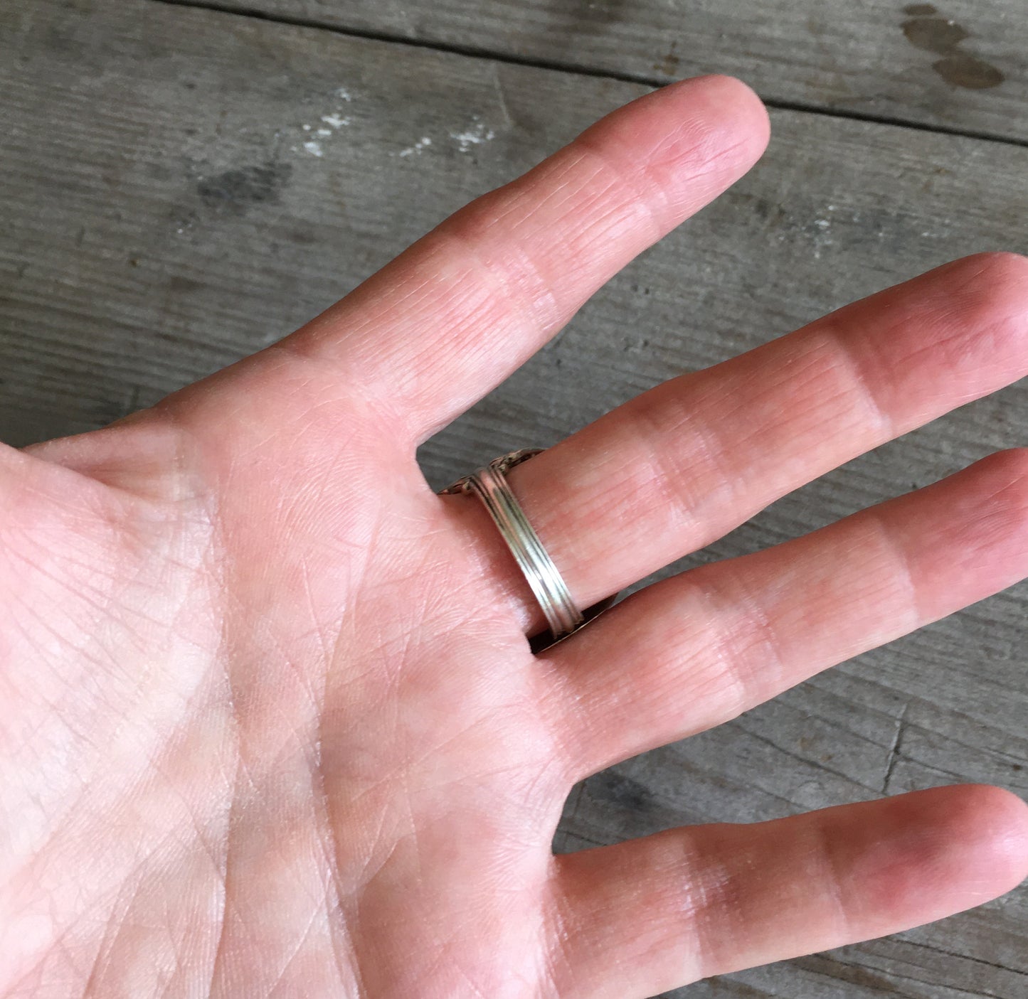 Reed and Barton Marlborough sterling spoon ring side view - Sterling spoon ring - handcrafted from upcycled vintage silverware - Laughing Frog Studio
