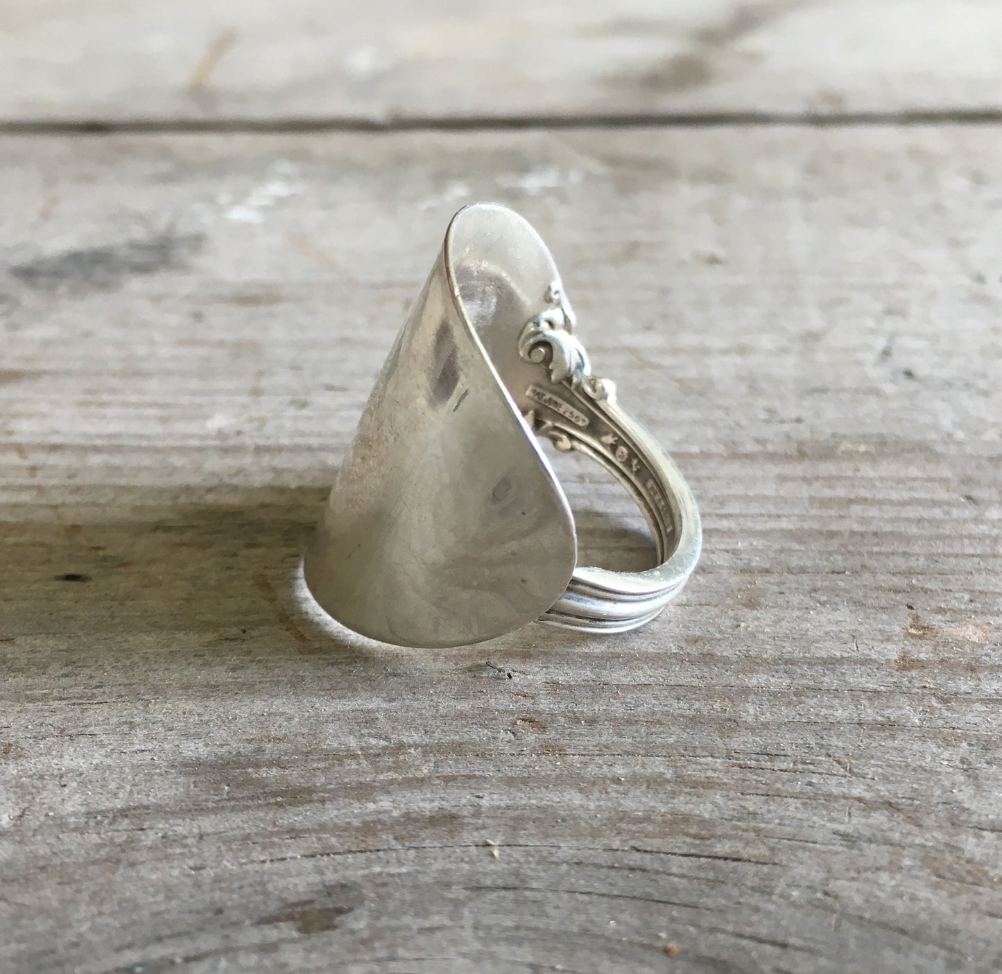 Close-up of Marlborough pattern detail on Reed and Barton sterling silver spoon ring - Sterling spoon ring - handcrafted from upcycled vintage silverware - Laughing Frog Studio