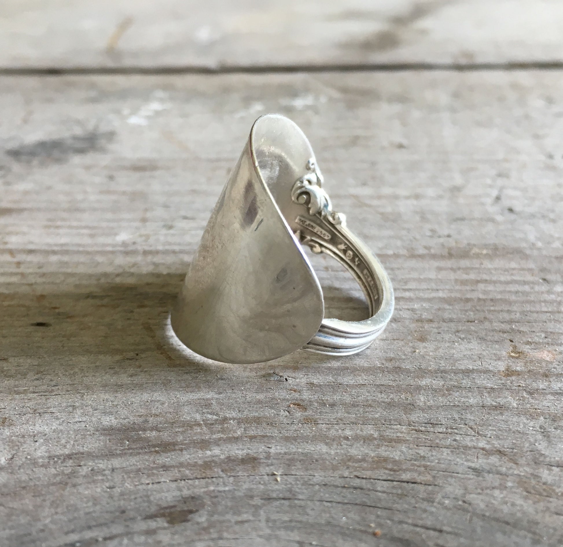 Close-up of Marlborough pattern detail on Reed and Barton sterling silver spoon ring - Sterling spoon ring - handcrafted from upcycled vintage silverware - Laughing Frog Studio