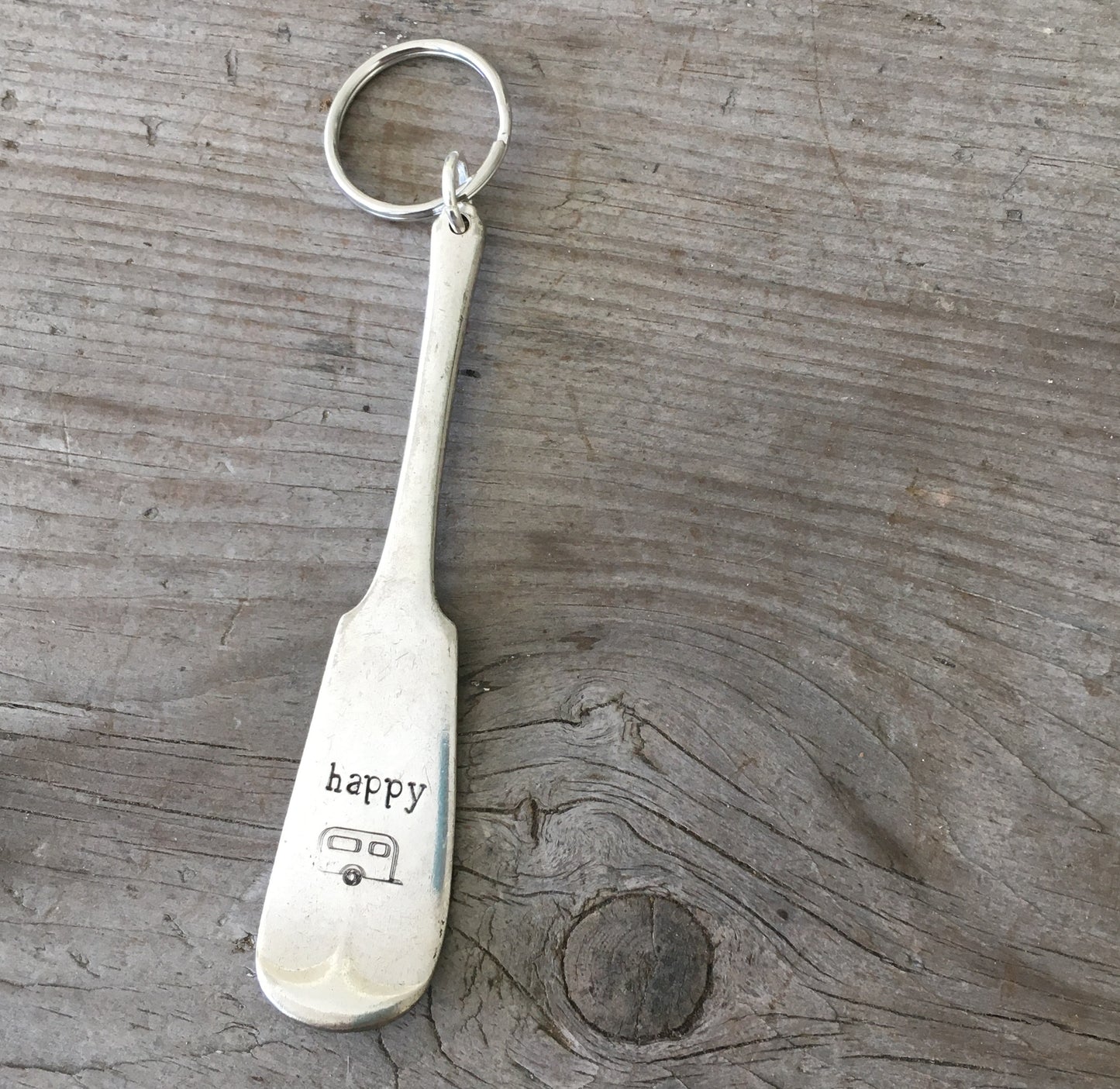 Happy Camper hand-stamped spoon keychain handcrafted from upcycled vintage silverware RV camping gift