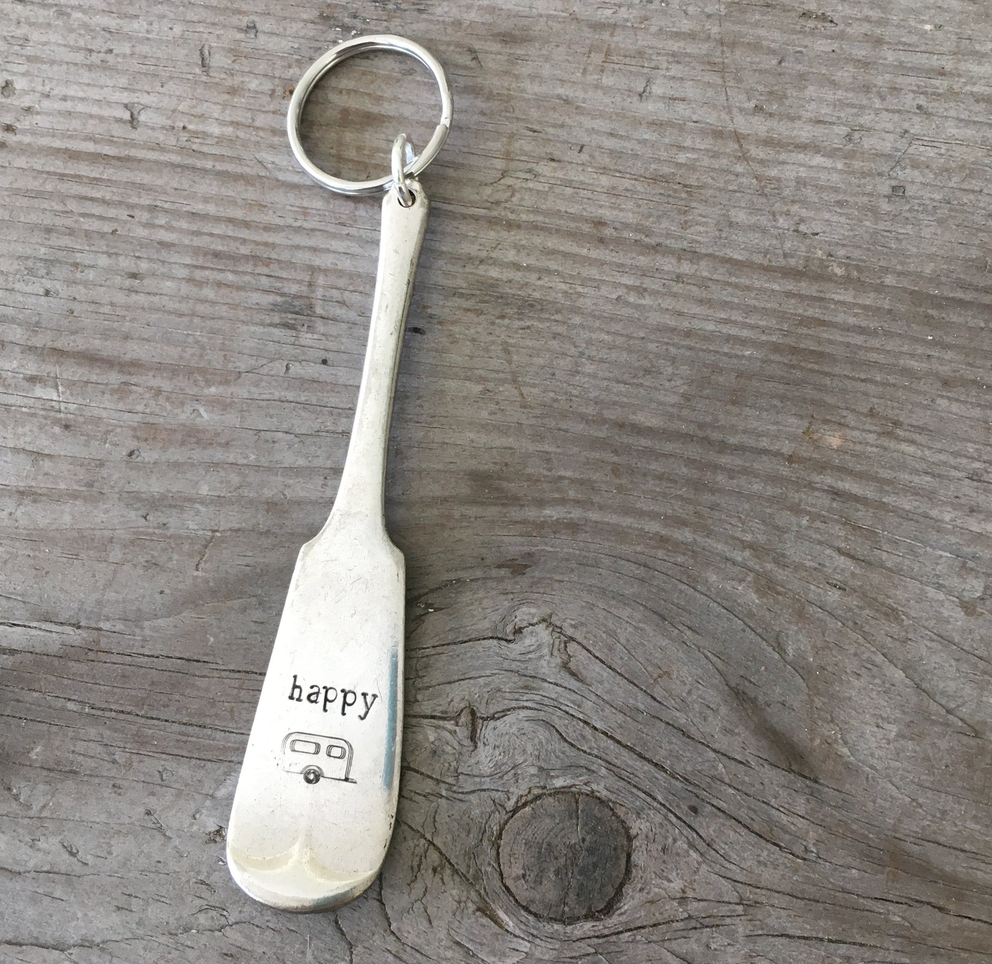 Happy Camper hand-stamped spoon keychain handcrafted from upcycled vintage silverware RV camping gift