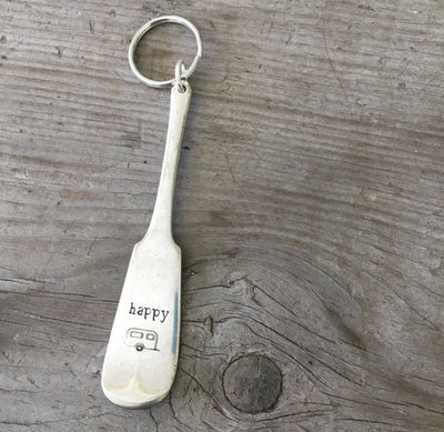Happy Camper hand-stamped spoon keychain handcrafted from upcycled vintage silverware RV camping gift
