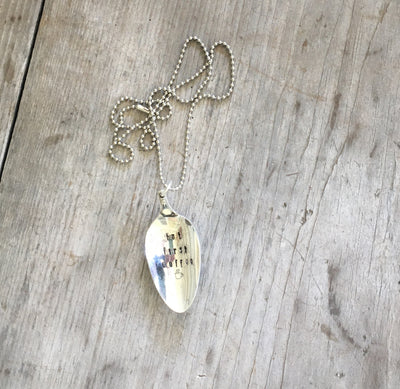 Handcrafted BUT FIRST COFFEE stamped spoon necklace with coffee cup design on vintage 1970s ball chain, upcycled silverware coffee lover jewelry
