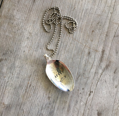 Handcrafted DREAM stamped spoon necklace with vintage pickup truck design on 1970s ball chain, upcycled silverplate adventure jewelry