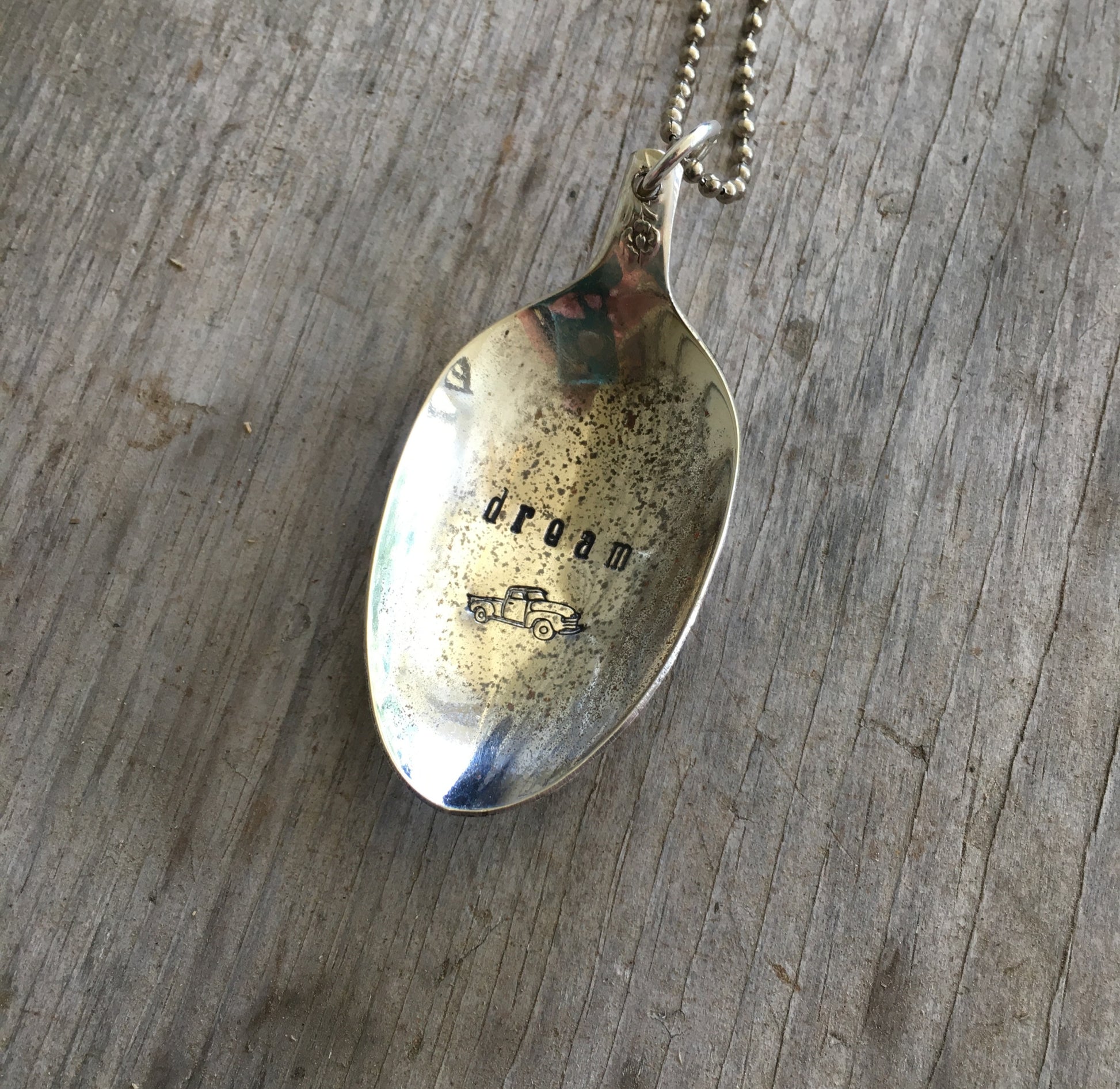 DREAM stamped spoon necklace with vintage truck detail showing hand-stamped lettering, layerable road trip adventure jewelry, one-of-a-kind