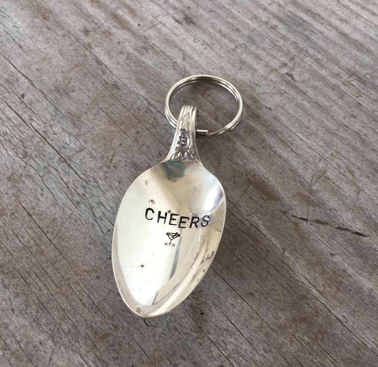 Cheers martini hand-stamped spoon keychain handcrafted from upcycled vintage silverware cocktail lover gift
