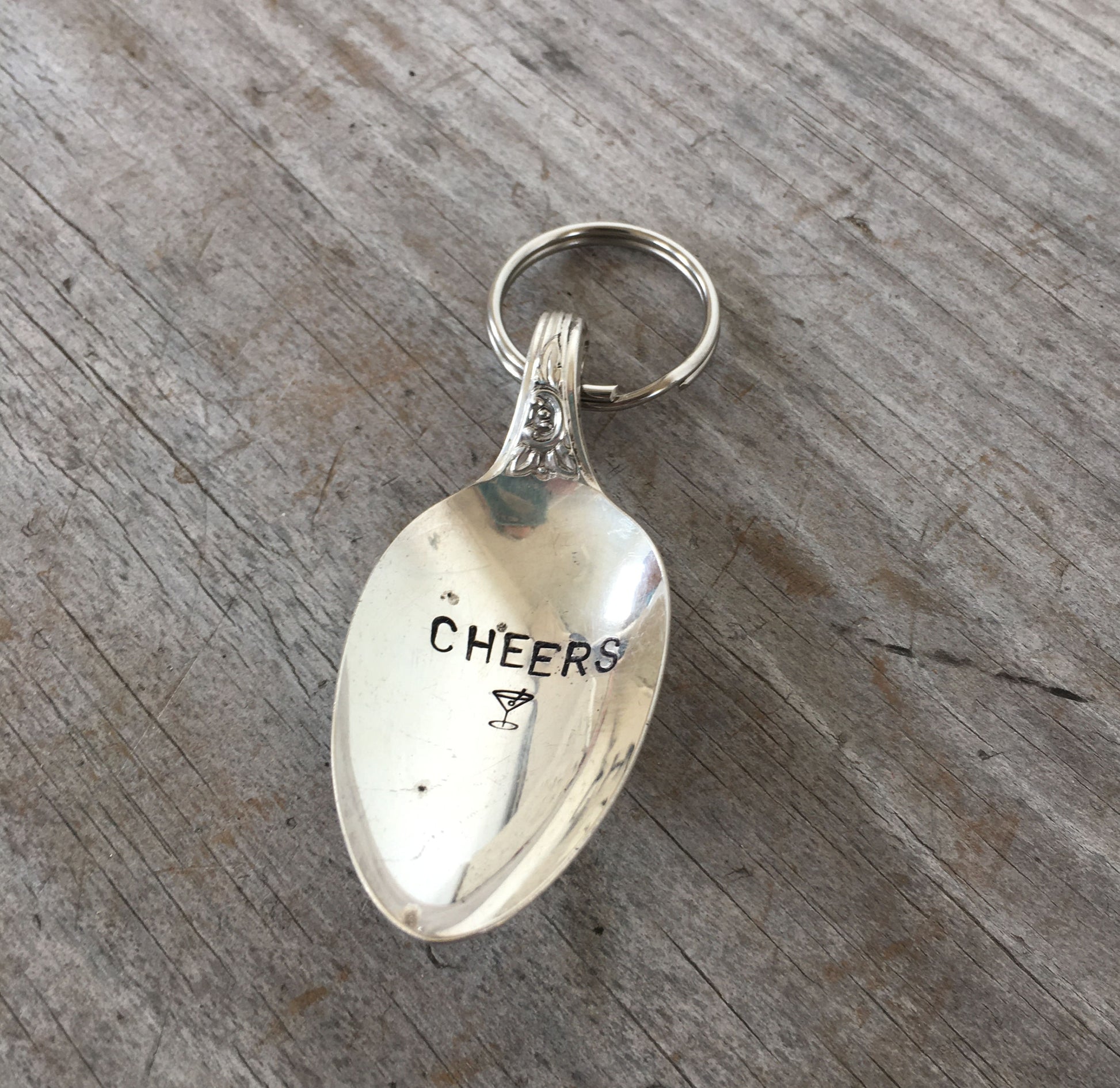 Cheers martini hand-stamped spoon keychain handcrafted from upcycled vintage silverware cocktail lover gift