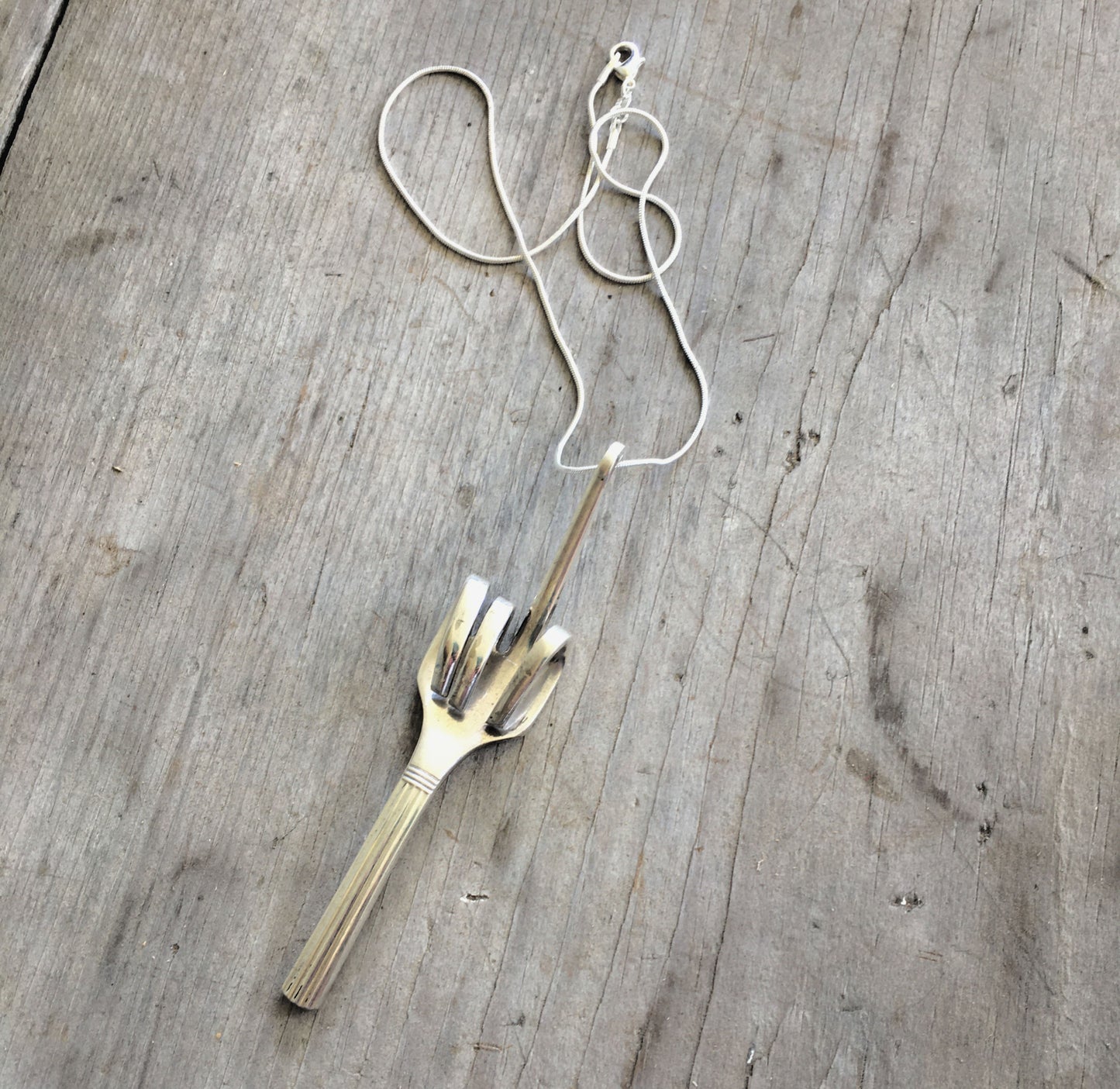 Upcycled Fork Necklace Hand Flipping Bird