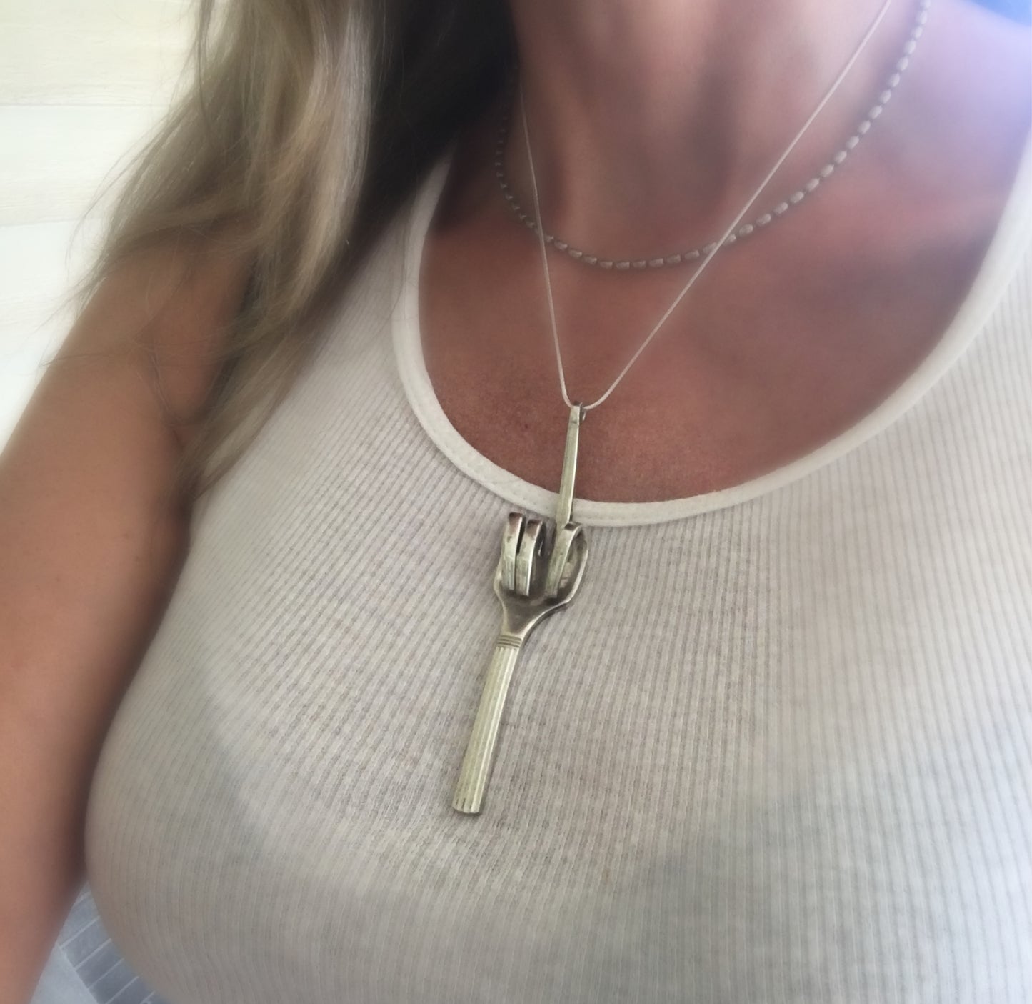UPcycled Fork Necklace Fuck You Necklace Shown on Model