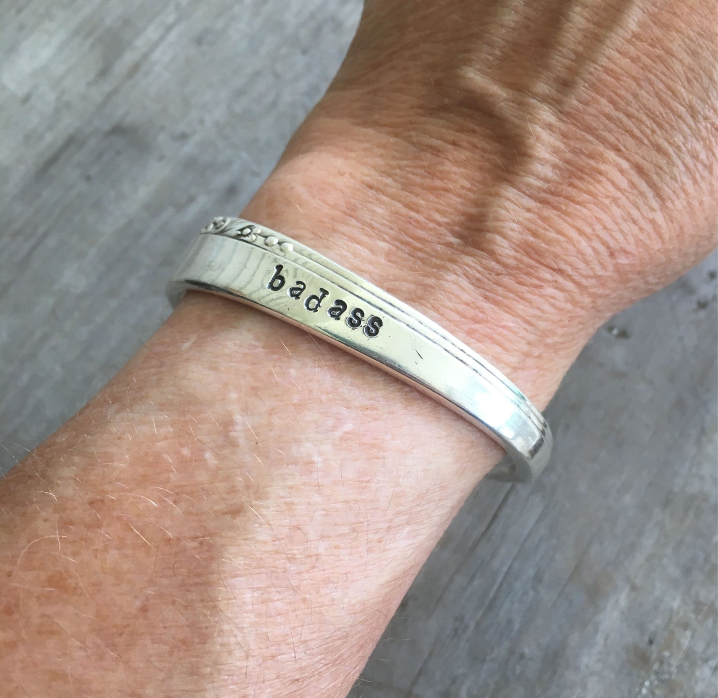 Nobility Plate Caprice Hand Stamped Spoon Bracelet Badass shown on model