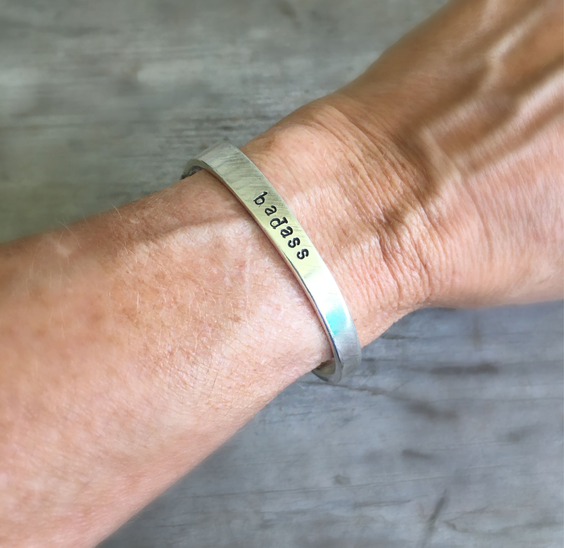 Stamped Spoon Bracelet BADASS International Silver Triumph Shown on Model's Wrist
