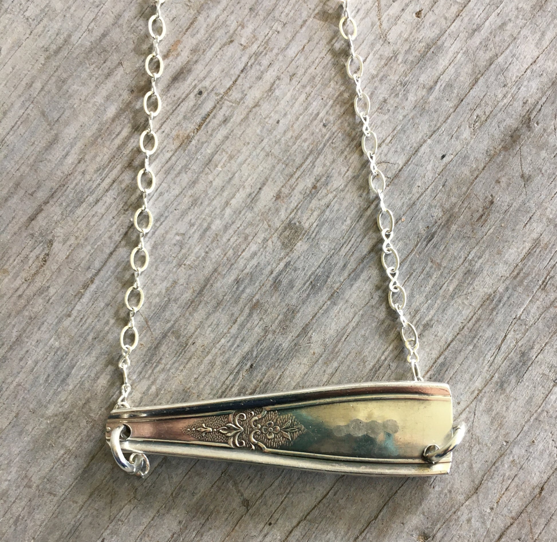Back view of VOTE bar necklace showing upcycled vintage silverplate construction and one-of-a-kind handcrafted detail