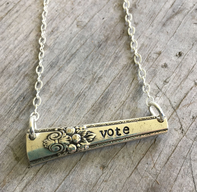 Upcycled silverware Necklace Hand Stamped Vote