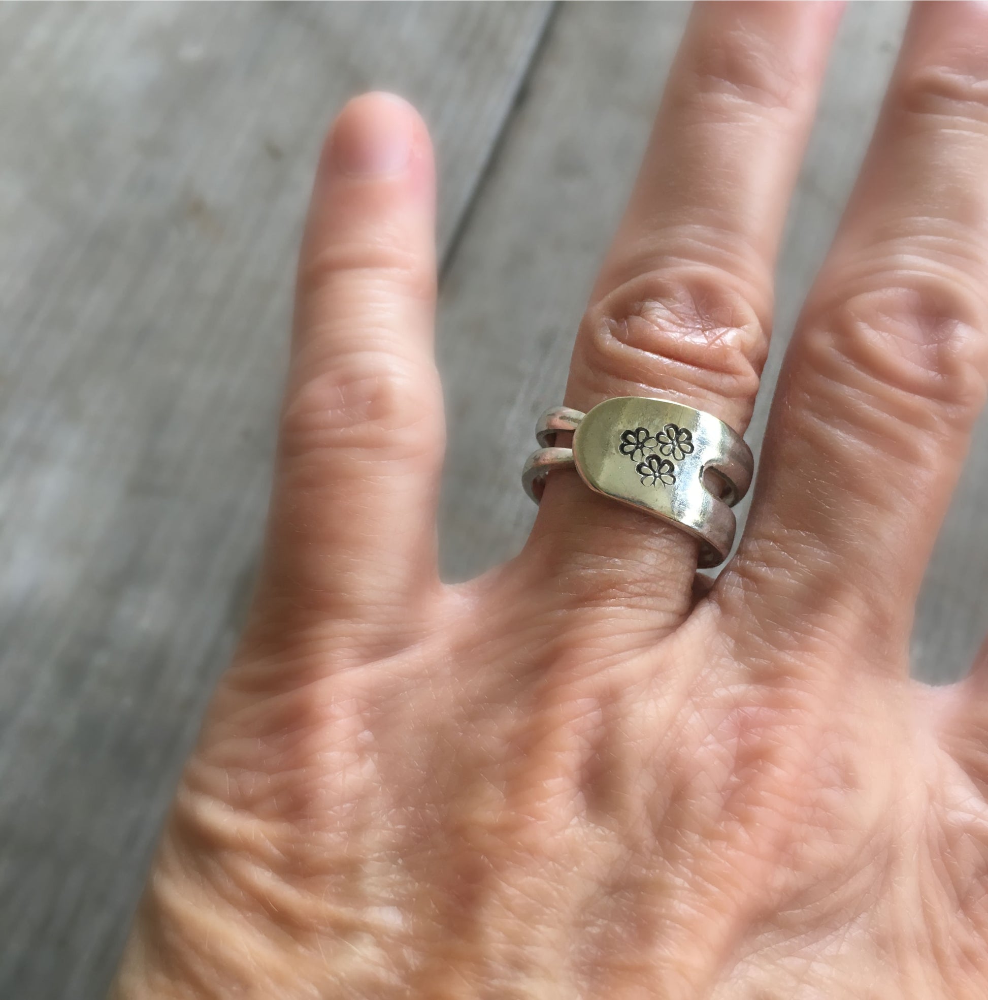 Hand Stamped Fork Ring with Daisies on it