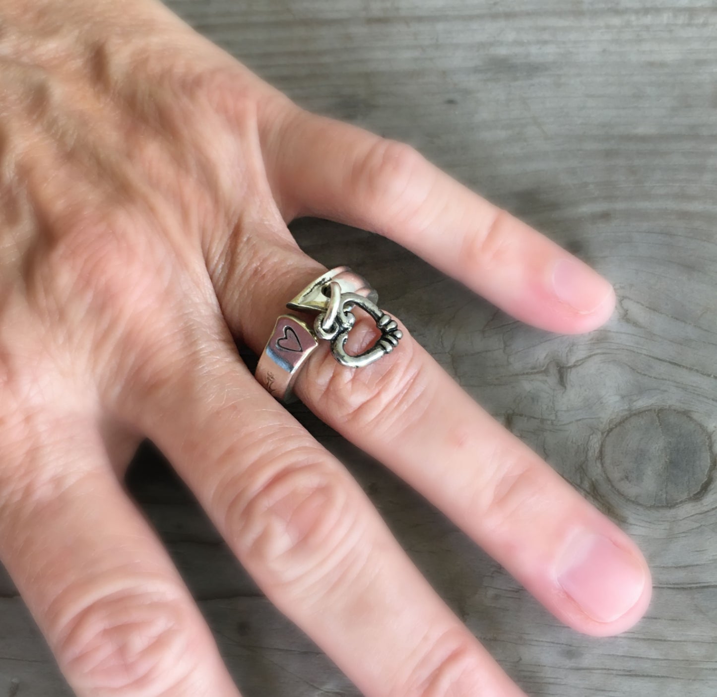 Spoon Ring - Stamped with Heart - Heart Charm - #4448