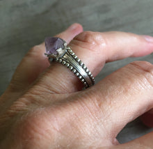 Handmade Raw Amethyst Ring made from upcycled silverware shown on model's hand